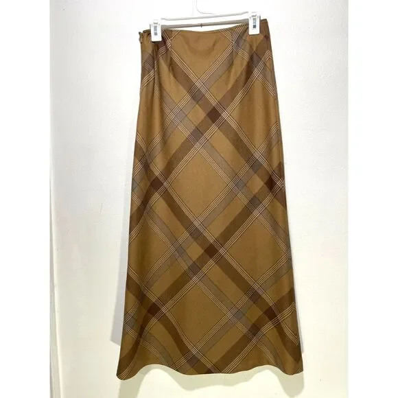 Ralph Lauren wool skirt VTG mocha muse brown tartan plaid accademia women 2 Maxi